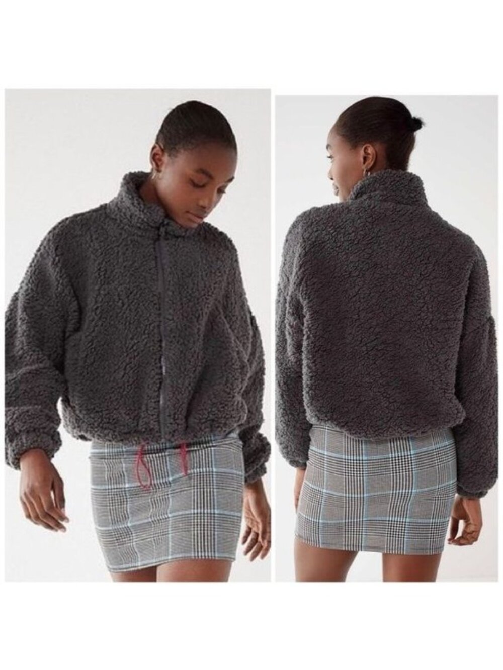 Urban Outfitters Willow Fuzzy Drawstring  teddy Jacket  Carbon gray Large